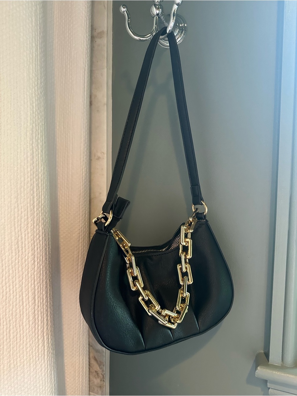 Black Shoulder Bag with Gold Chain Accent